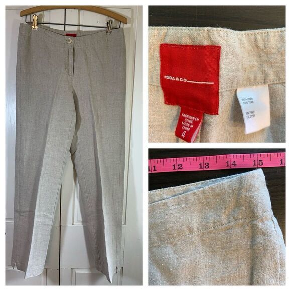 Isda & Co Linen‎ Pants Women 4 Khaki Neutral Beige Chic Office Minimalist Basic - Picture 1 of 12